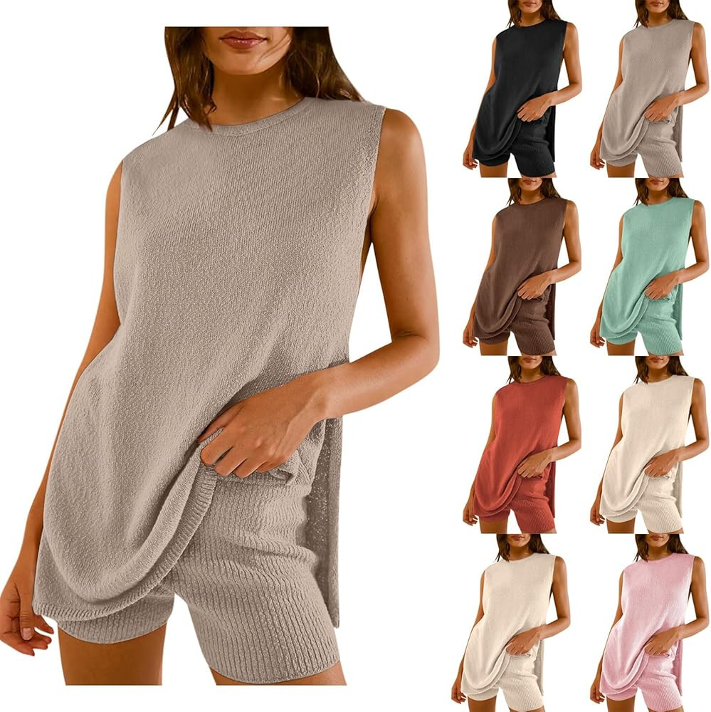 2 Piece Short Sets for Women Summer, Sleeveless Knit Pullover Top Matching Shorts 2 Piece Beach V... | Amazon (US)