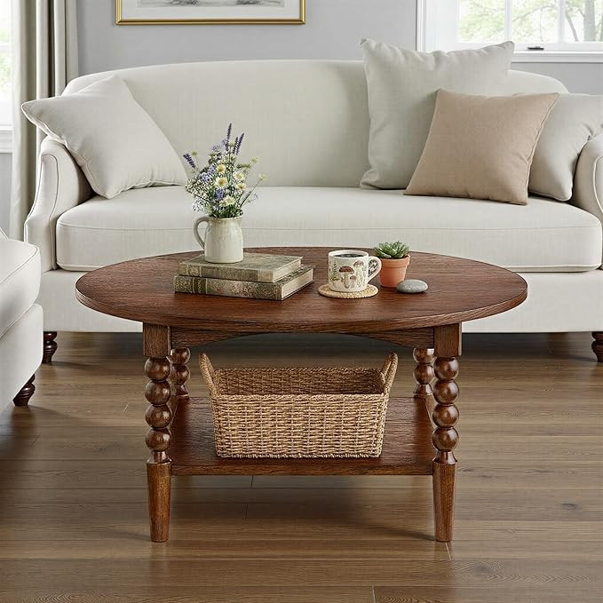 Pembroke 36” Round Cottage Coffee Table with Spindle Legs, Lower Shelf Storage & Levelers, Rust... | Amazon (US)