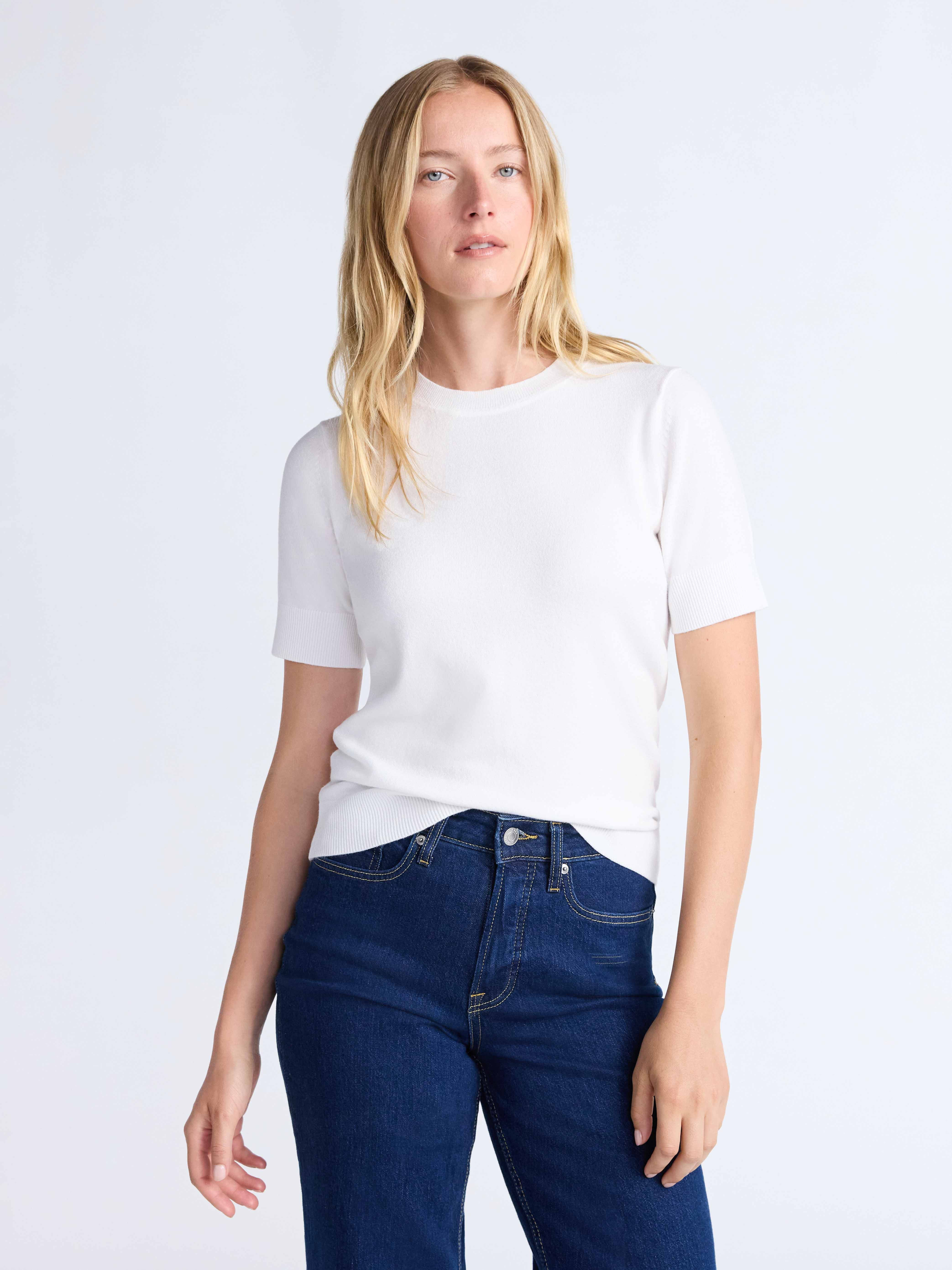 Free Assembly Women's and Women's Plus Cozy Yarn Shrunken Sweater Tee with Short Sleeves, Lightwe... | Walmart (US)