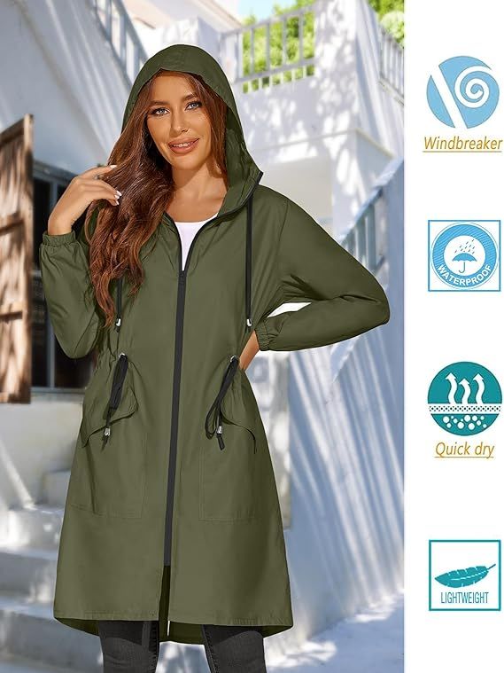 ELESOL Women Rain Jacket Waterproof Long Rain Coats Hooded Windbreaker Lightweight Raincoats Trav... | Amazon (US)