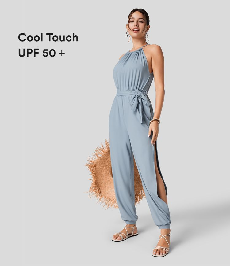 Sleeveless Tie Back Plicated Belted Side Pocket Cut Out Cool Touch Resort Jumpsuit | HALARA