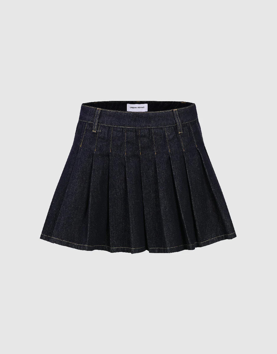 Pleated Mini Denim Skirt | Urban Revivo