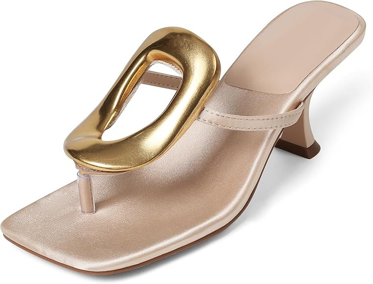 AMINUGAL Heeled Sandals for Women Dressy Flip Flops for Women Square Toe Thong Sandals Slip On Ki... | Amazon (US)