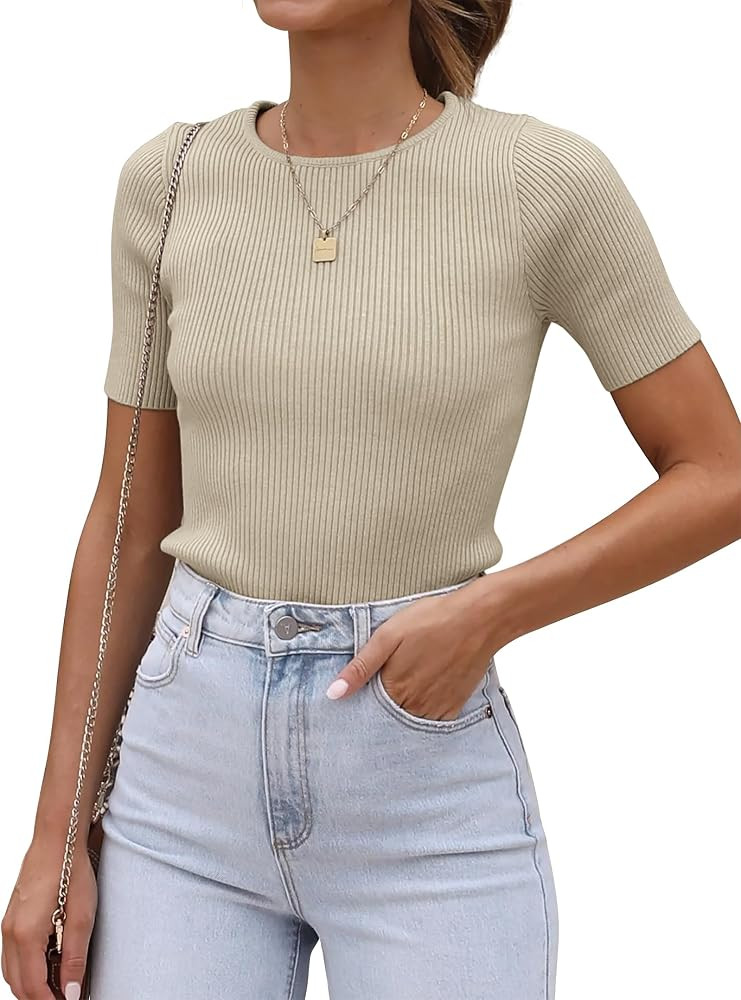 ATHMILE Womens Ribbed Knit T Shirt Casual Crewneck Tops Short Sleeve/Long Sleeve Sweaters Slim Fi... | Amazon (US)
