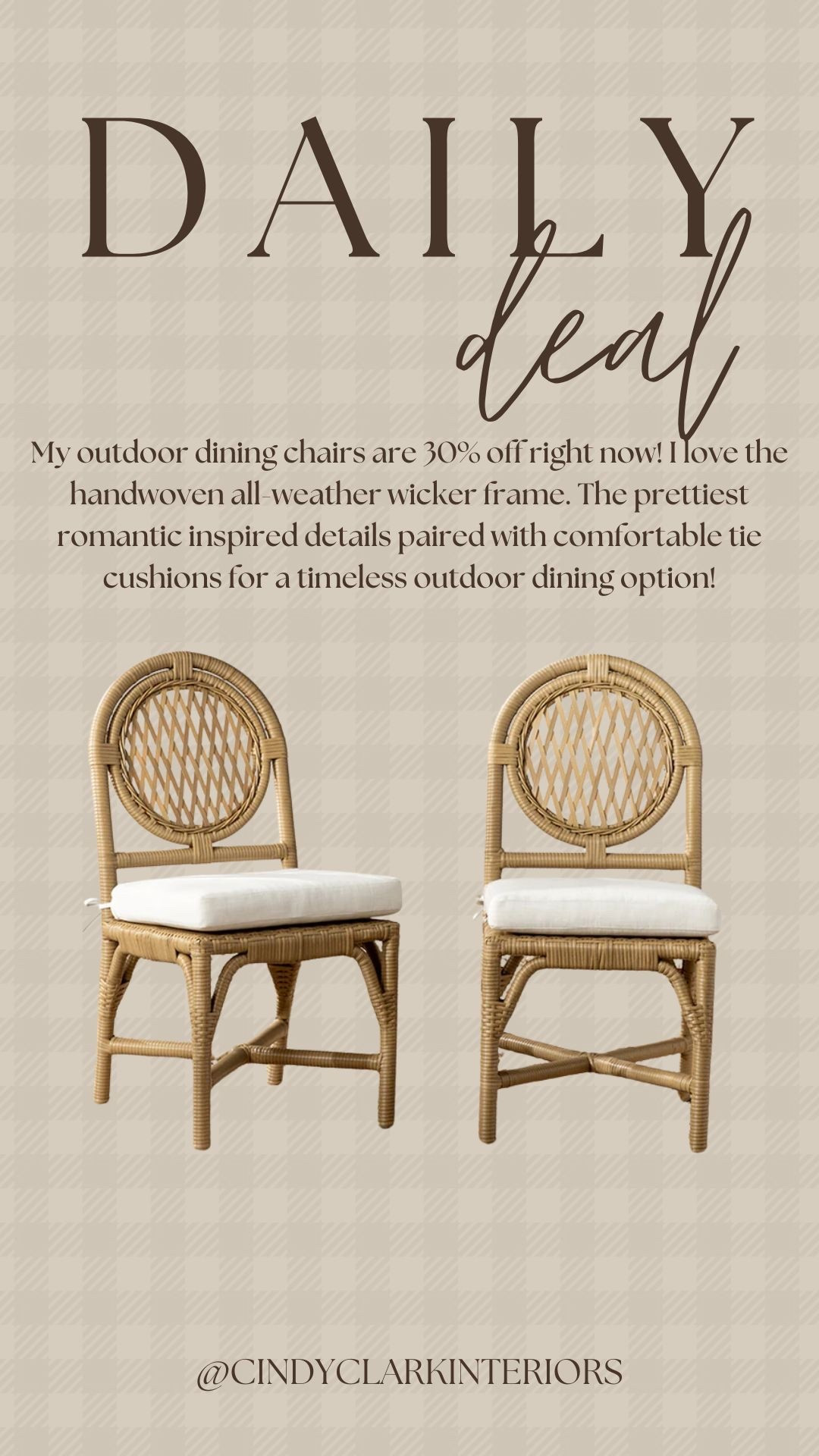 My outdoor dining chairs are 30% off right now! I love the handwoven all-weather wicker frame. The prettiest romantic inspired details paired with comfortable tie cushions for a timeless outdoor dining option!

#LTKHome #LTKSaleAlert