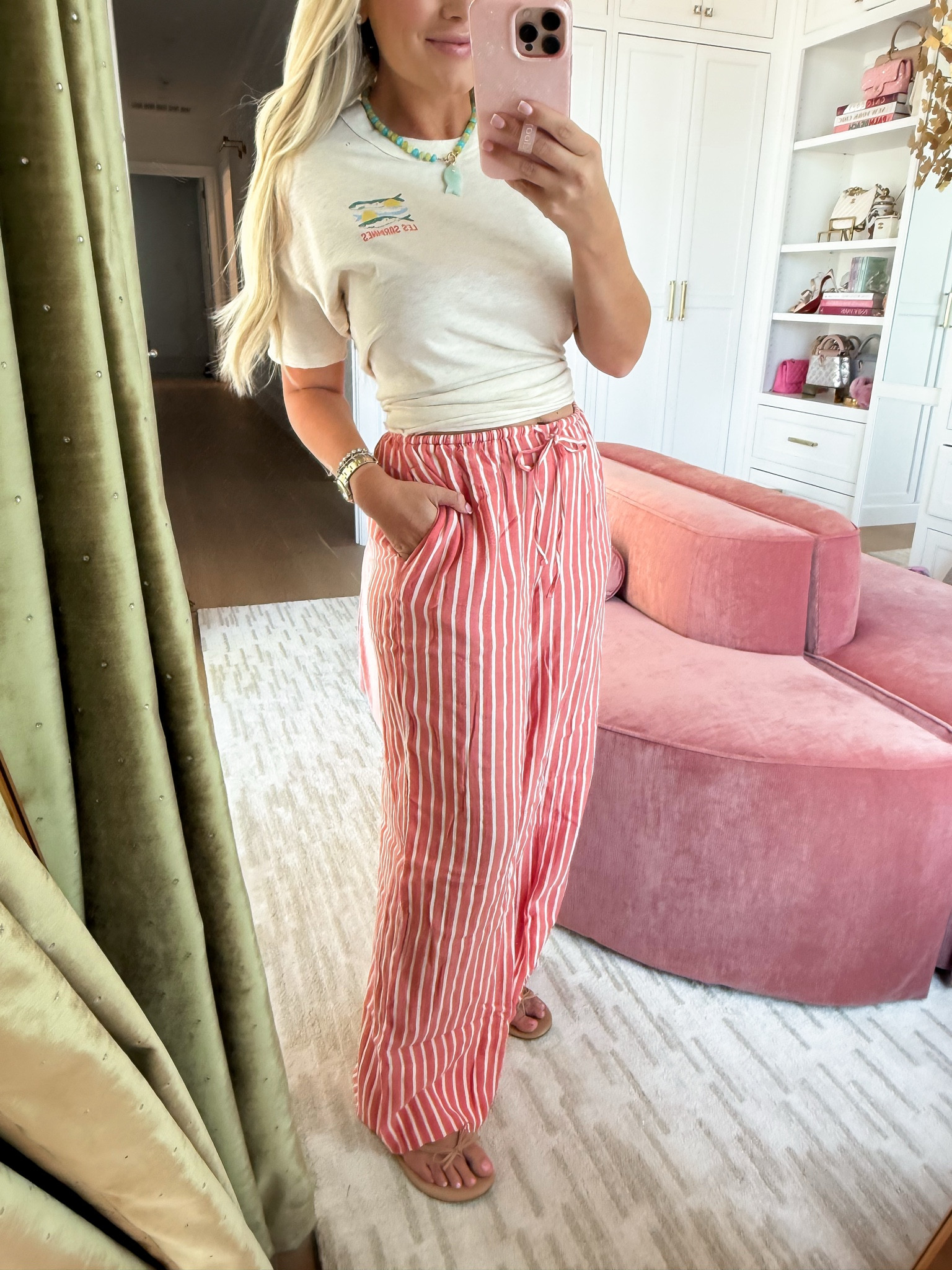 Size small tee, size down (it’s oversized), size small pants 

#LTKSwim #LTKPetite #LTKSeasonal