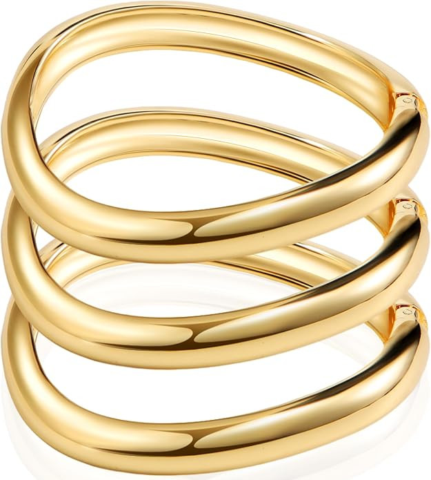 Gold Bangles Bracelets Set for Women Gold Polished Chunky Bangle Trendy Wide Chunky Cuff Bangle J... | Amazon (US)