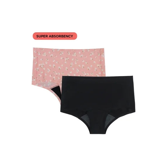 No Boundaries Boyshort Super Absorbency Period Underwear, 2-Pack, Women’s XS-XXL | Walmart (US)