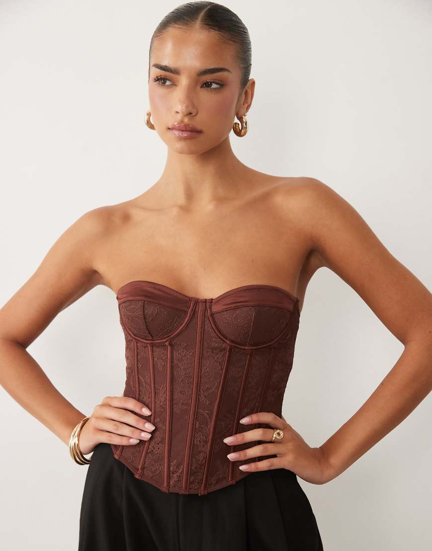 ASOS DESIGN lace mix detail corset top with boning in chocolate-Brown | ASOS (Global)