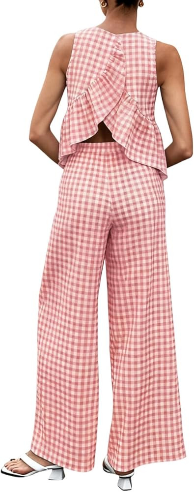 SOLY HUX Women's 2 Piece Outfits Plaid Gingham Open Back Ruffle Tops and Pants Summer Vacation Go... | Amazon (US)