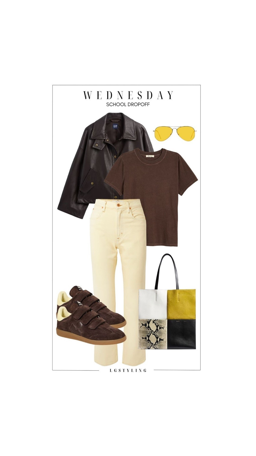 WEDNESDAY – School Drop-Off
Relaxed but intentional for busy mornings. Cream denim paired with a chocolate brown tee creates a warm neutral palette that feels polished without trying too hard. A leather jacket adds structure, while retro sneakers keep the look practical for drop-offs, coffee runs, and everything in between.

The kind of outfit that makes everyday moments feel styled.

#LTKCasualStyle #LTKEverydayStyle #NeutralOutfits #CreamDenim #LeatherJacketStyle #MomStyle #ChicCasual #EverydayWardrobe #LTKStyle #StreetStyle


#LTKootd #LTKgrwm