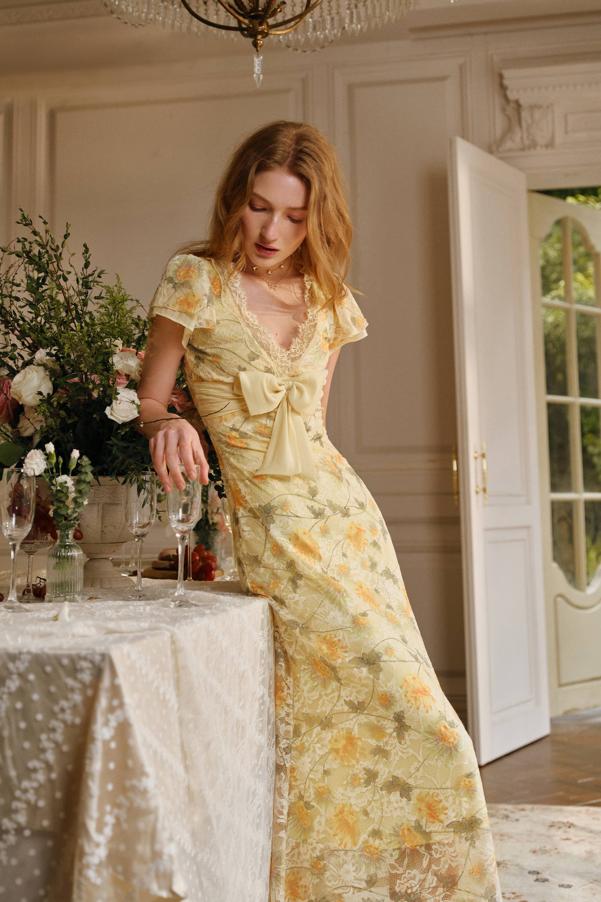 Maribel Stretch Lace Midi Dress in Sunflower Yellow | American Heiress