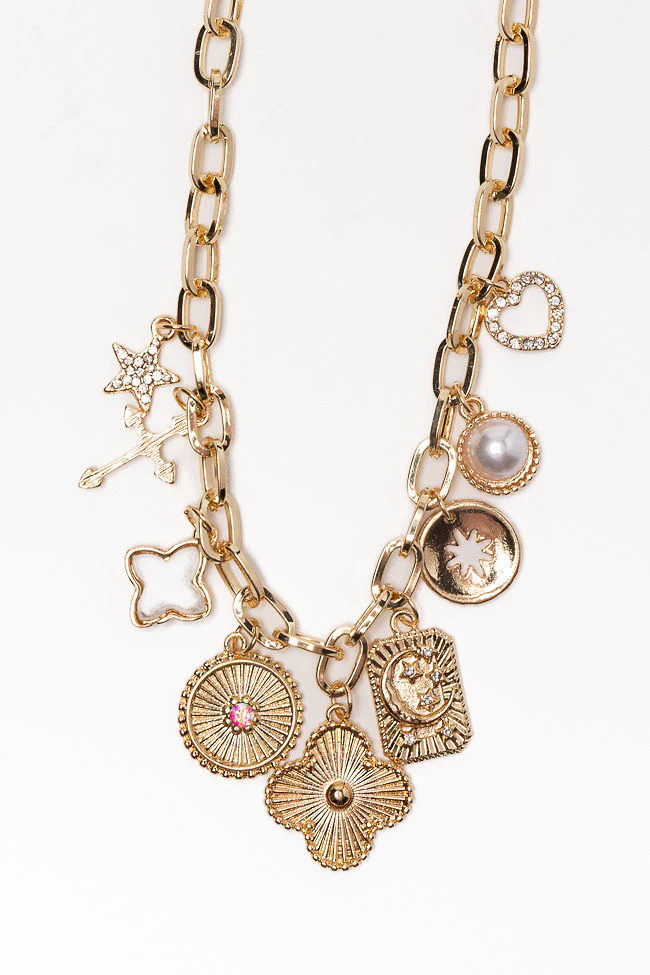 Gold Multi Charm Necklace | Pink Lily