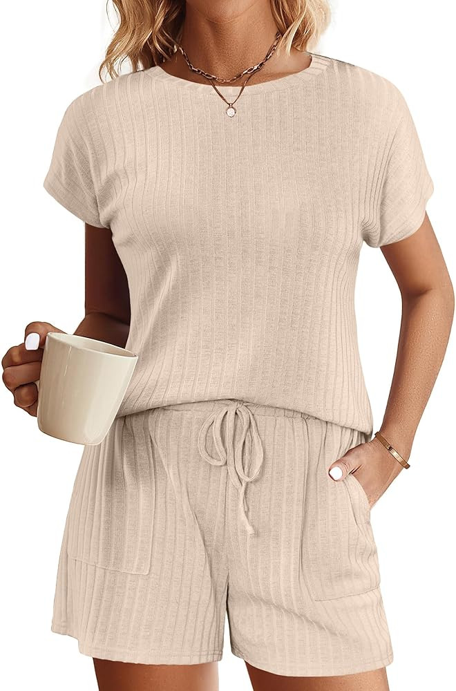 Ekouaer Pajamas Set for Women 2 Piece Pjs Ribbed Knit Lounge Set Cap Sleeve Loungewear Sleepwear ... | Amazon (US)
