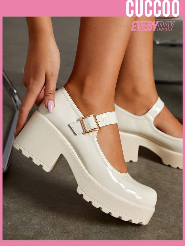Cuccoo Everyday Collection Women Chunky Heeled Wedge Shoes, Elegant Artificial Leather Mary Jane ... | SHEIN