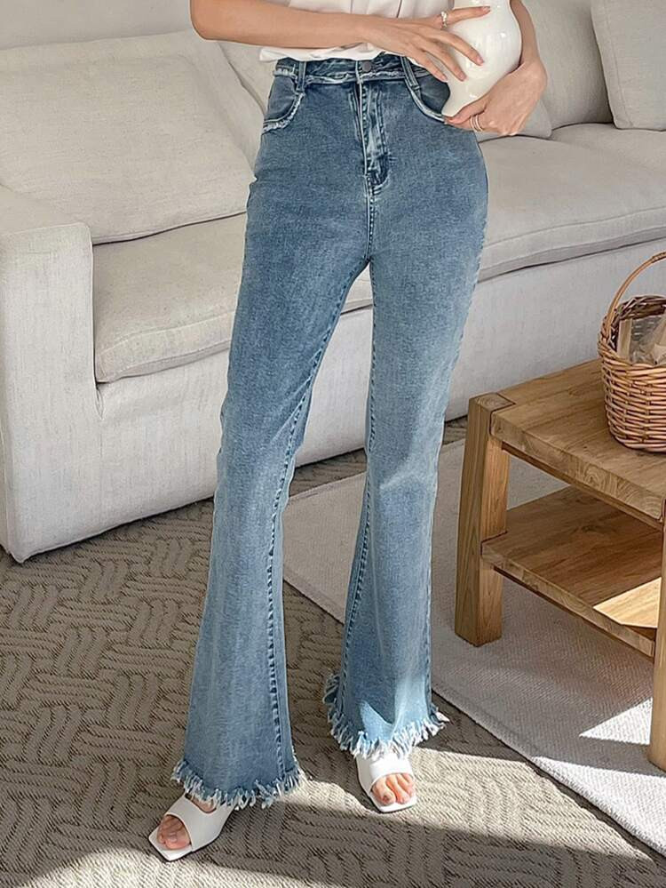 DAZY High Waist Fringe Raw Hem Flare Leg Jeans | SHEIN