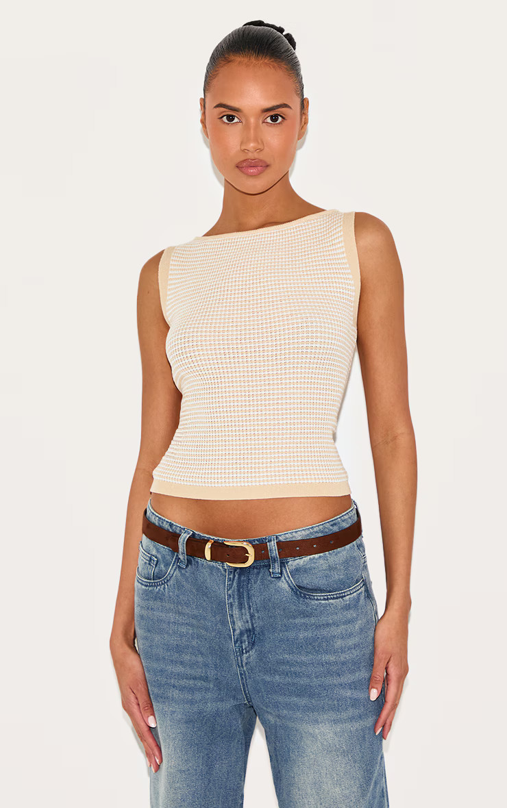 Beige Stripe Waffle Knit Boat Neck Top | PrettyLittleThing US