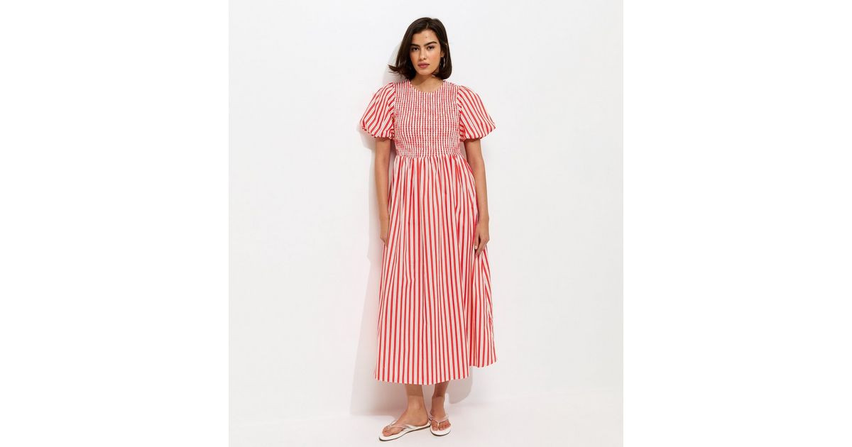 Pink Striped Puff Sleeves Shirred Smock Midi Dress | New Look | New Look (UK)