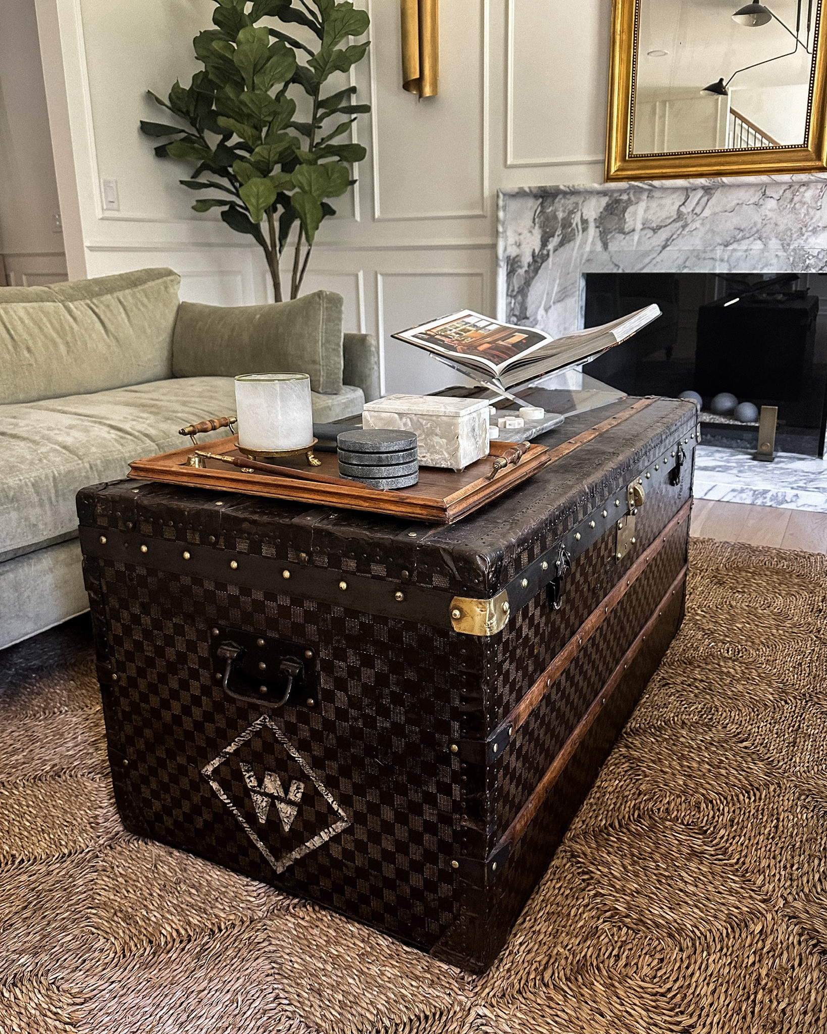 Couches were custom (linked similar)
Trunk is antique (linked similar) 
Mirror is antique (linked similar) 

#LTKHome