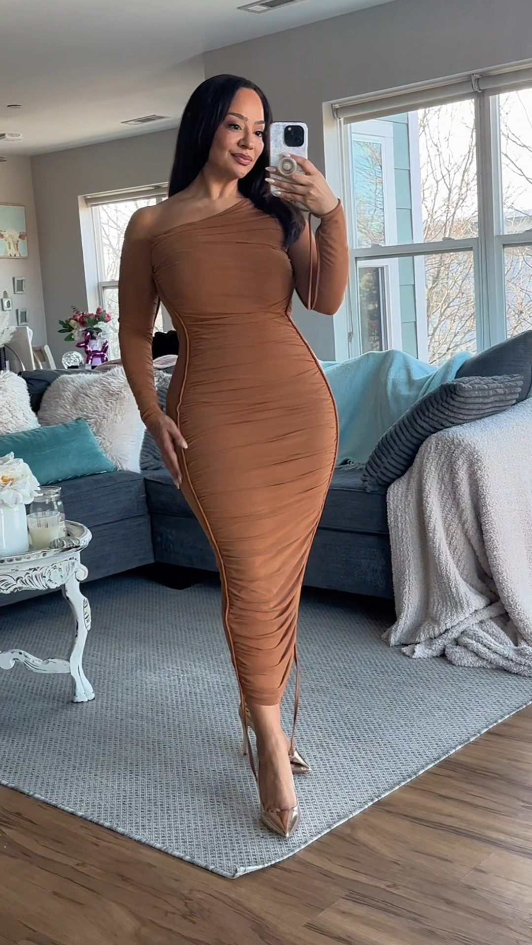 The perfect date night dress for fall / winter 🤎 Has stretch, fits true to size 

Sizing ⬇️

5’3 
155 lbs
Size 8 / Medium
Bust: 34DDD
Waist: 28”
Hips: 43”
Wearing Size Medium 

dress, date outfit, ruched dress, midi dress 

#LTKMidsize #LTKStyleTip #LTKFindsUnder50