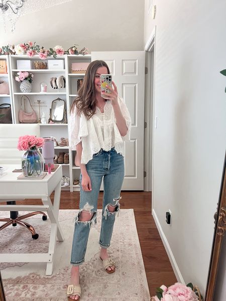 New eyelet top!! Size XS - if you’re shopping on revolve, use code CANDY for 10% off
Target sandals on sale for $17! I’m wearing my true size (which fit) but am exchanging for a half size up for more room
Jeans tts, no give though 