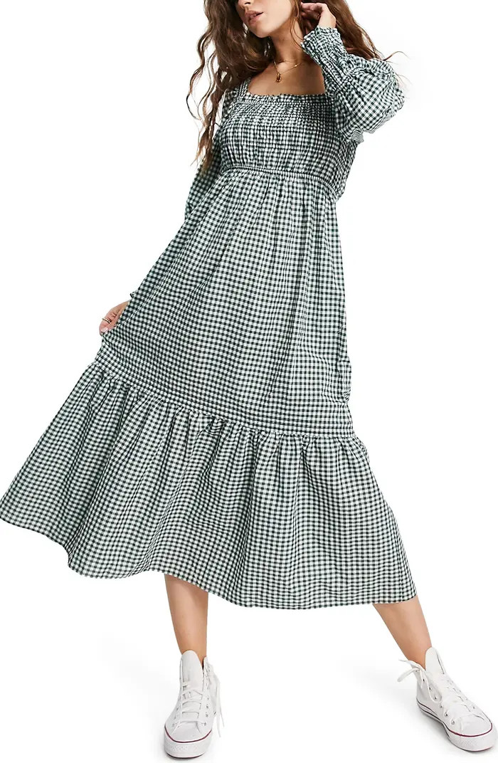 Topshop Shirred Long Sleeve Gingham Midi Dress | Nordstrom | Nordstrom