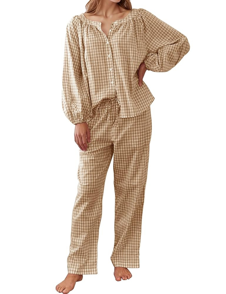 Flygo Womens Gingham Pajama Set 2 Piece Cotton Plaid Raglan Sleeve Button Top Straight Leg Pants ... | Amazon (US)