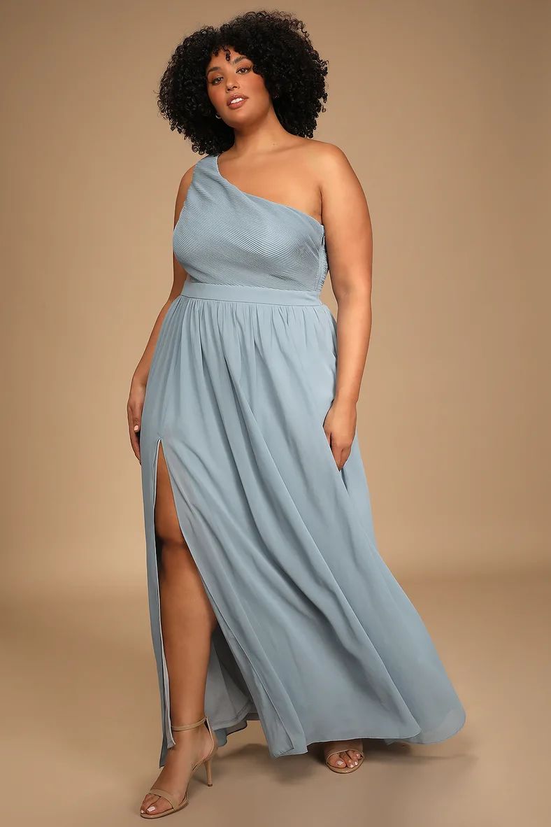 Lovely Endings Dusty Blue One-Shoulder Pleated Maxi Dress | Lulus (US)