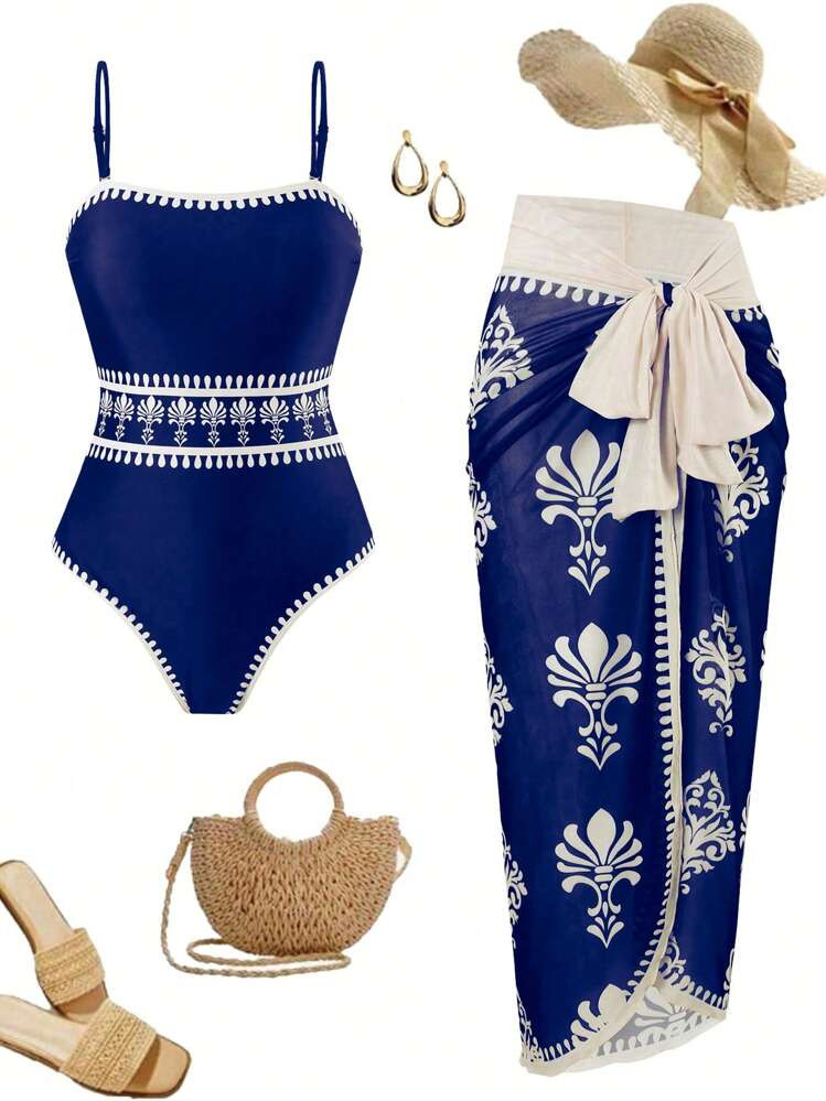 Swim Oasis 2025 New Women 2 Pieces Ibiza Outfit, Flower Printed Spaghetti Strap One-Piece Swimsuit & Net Long Skirt, Beach Vacation Casual Summer Swimwear Set | SHEIN