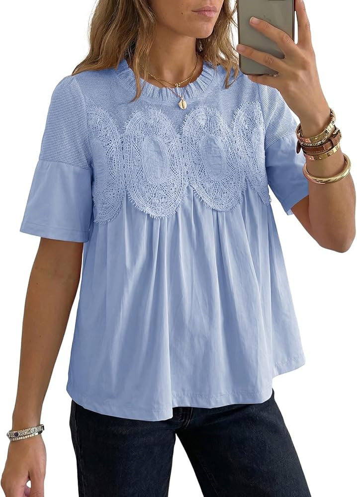 Dokotoo Women's Lace Blouse Elegant Flared Swing Tops Crew Neck Short Sleeve Textured Embroidered... | Amazon (US)