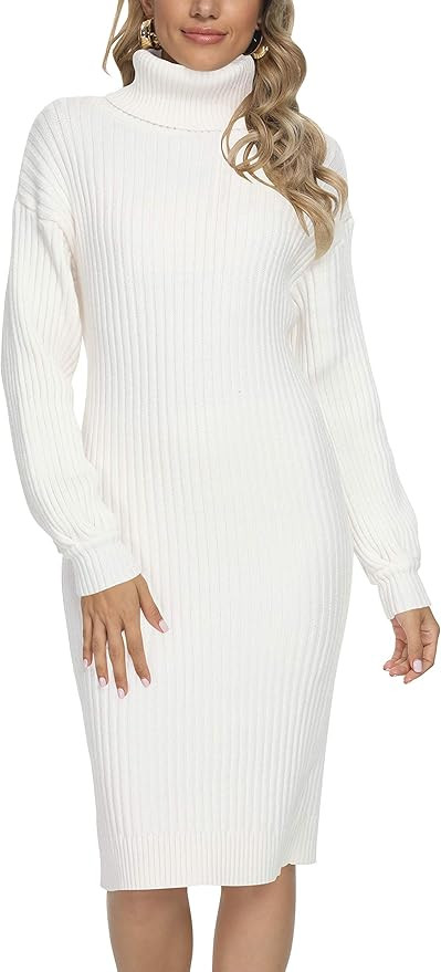 LOGENE Women's Turtleneck Long Sleeve Ribbed Slim Fit Knee Length Knit Sweater Dress | Amazon (US)