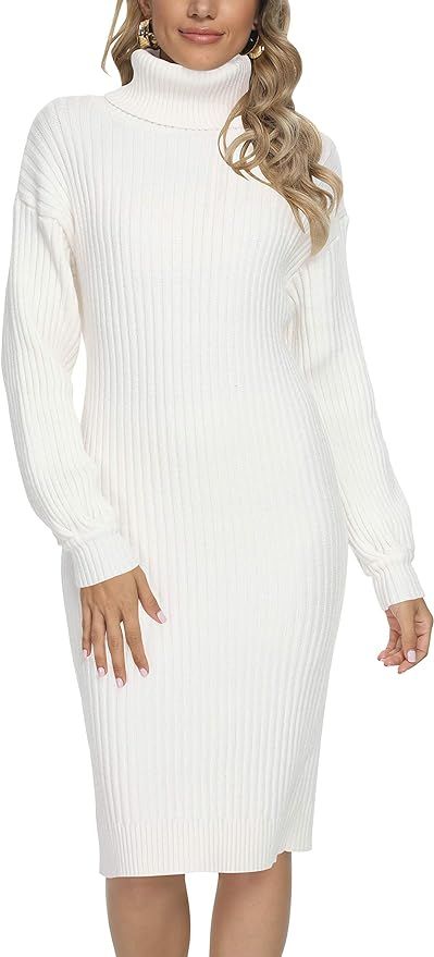LOGENE Women's Turtleneck Long Sleeve Ribbed Slim Fit Knee Length Knit Sweater Dress | Amazon (US)