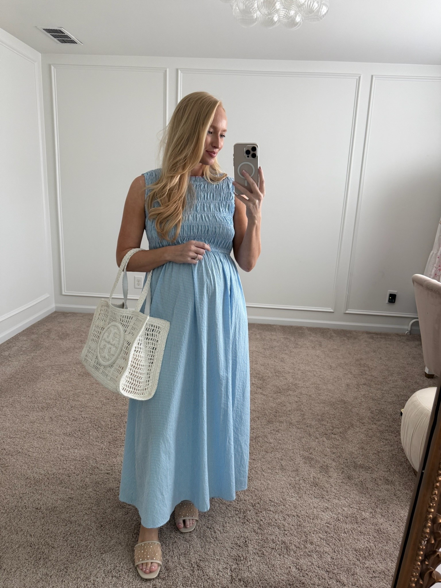 Sweet, bump friendly, blue gingham maxi dress, perfect for a baby shower! Summer dresses // maxi dresses // bump friendly dresses // brunch dresses // shower dresses #LTKSummerEdit 

#LTKBump #LTKSeasonal