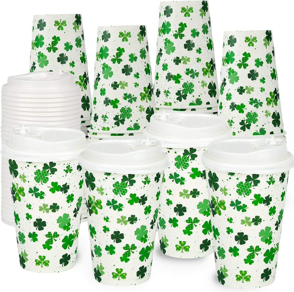 80 Pack 12oz St Patrick's Day Cups, Disposable Paper Coffee Cups with Lids, Green Shamrock Drinki... | Amazon (US)