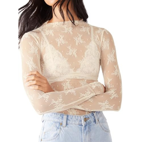 Sheer Mesh Long Sleeve Layering Top for Women Mock Neck Floral Lace Tshirt See Through Tee Shirt Blouse(Flower White,Small | Amazon (US)