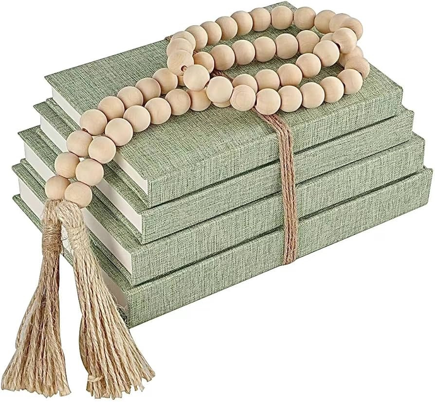Linen Covered Decorative Books 4 Pieces, Neutral Home Decor Coffee Table Books with Wooden Beaded... | Amazon (US)