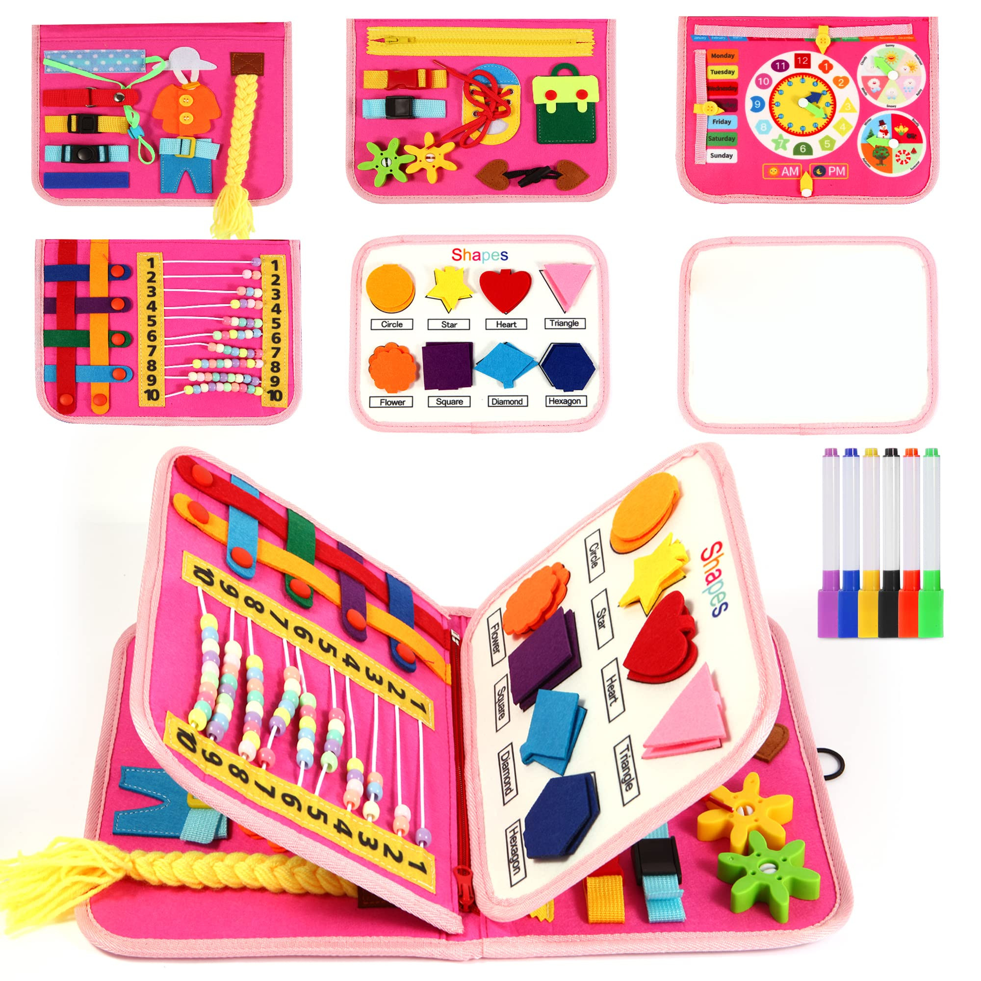 Busy Board for Toddlers, Montessori Toys Developing Sensory Activity Book Preschool Learning Activities Early Educational Toy Travel Busy Binder for 3-12 Year Old Kids Girl Birthday Gift (Pink) | Amazon (US)