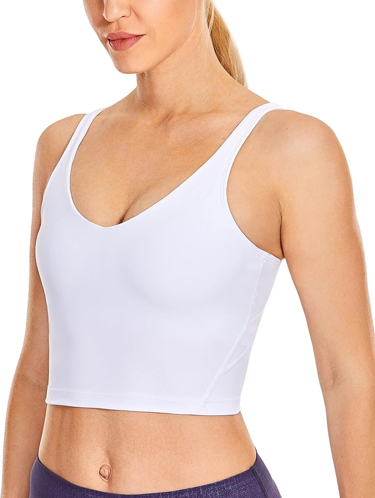 CRZ YOGA Womens V Neck Workout Tank Tops with Built in Bras - Cropped Padded Athletic Longline Sp... | Amazon (US)
