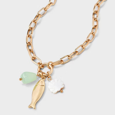 Fish and Stone Oval Link Chain Charm Pendant Necklace - A New Day™ Metallic Gold | Target