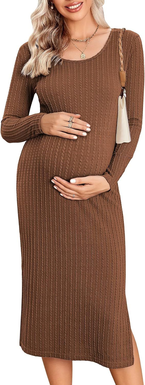Ekouaer Maternity Dress Rib Knit Long Sleeve Side Slit Bodycon Dresses Pregnancy Baby Shower Clot... | Amazon (US)