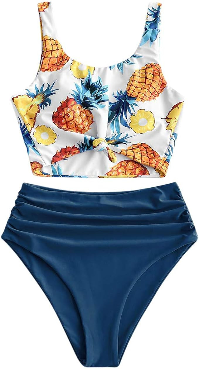 ZAFUL Women's Knotted Front Tankini Set High Waisted Bikini Scoop Neck Swimsuit Two Pieces Bathin... | Amazon (US)