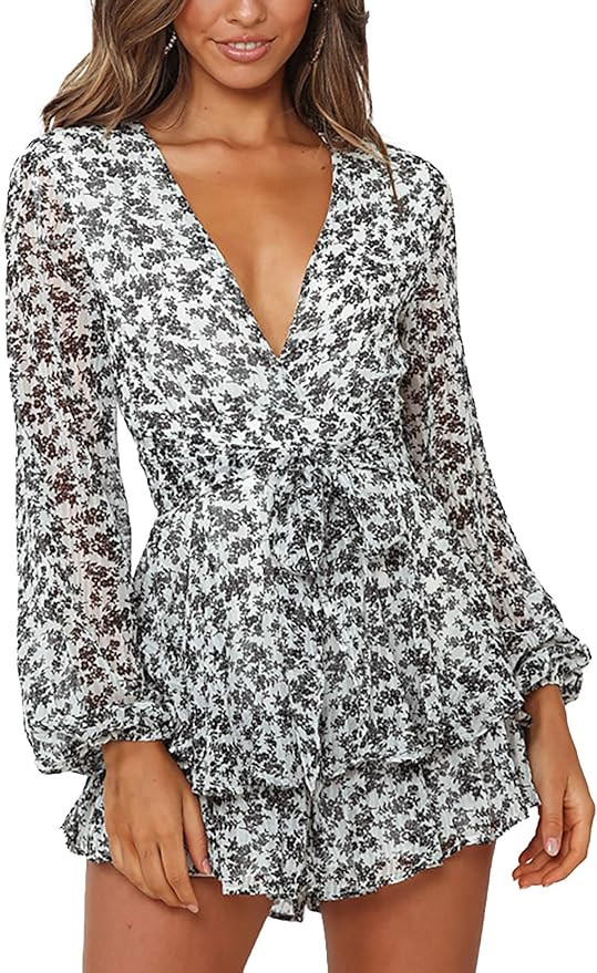 Relipop Women's Polka Dot Jumpsuits Deep V-Neck Long Sleeve Knot Front Ruffle Hem Floral Rompers | Amazon (US)