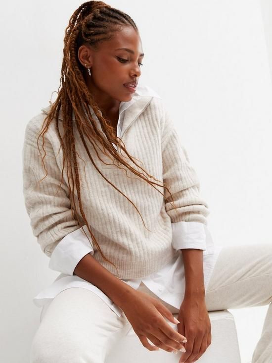 New Look Cream Ribbed Knit Zip High Neck Jumper | Very (UK)