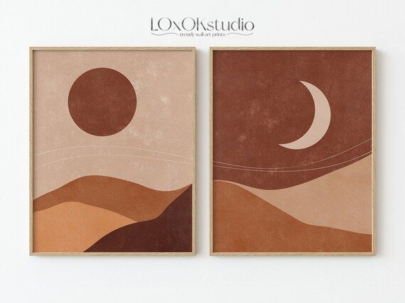 Mid Century Modern Art, Sun And Moon Prints Set Of 2, Terracotta Wall Art, Minimalist Wall Decor,... | Etsy (US)