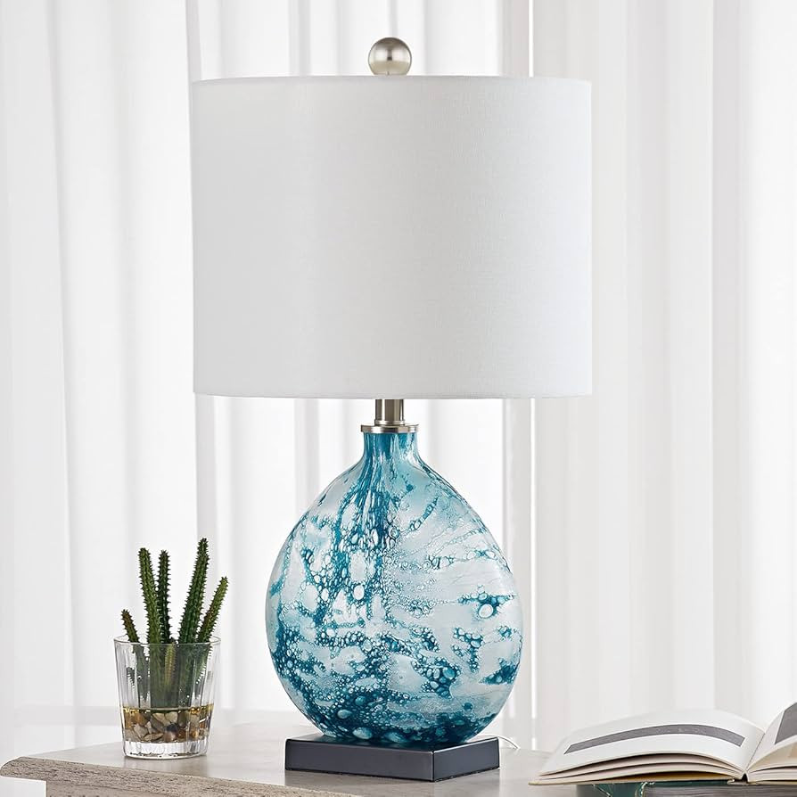 Maxax Coastal Glass Table Lamp, 3-Way Dimmable Blue Glass Bedside Lamp with White Drum Shade for ... | Amazon (US)