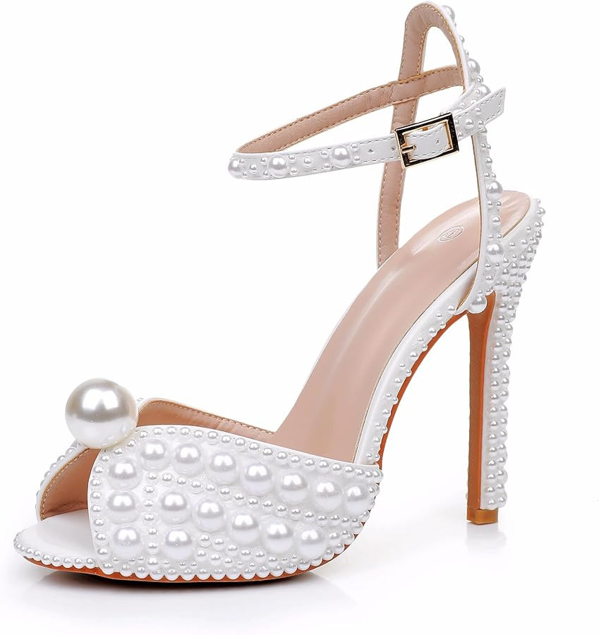 Crystal Queen Full Pearls Stiletto heels Sandals Thin High Heels Peep Toe Sandals White Pearls Br... | Amazon (US)