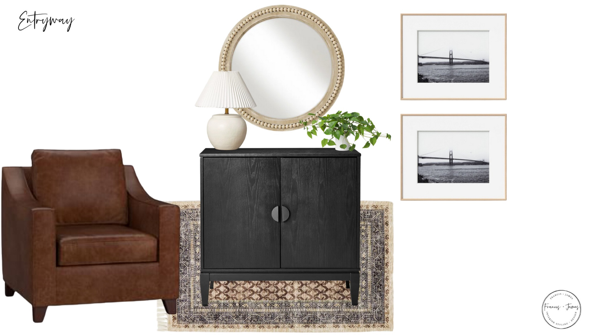 Entryway, entryway table, entryway decor, large mirror, beaded mirror, round wooden mirror, wooden frames with mat, vintage rug, leather cozy chair, black entryway table, sideboard