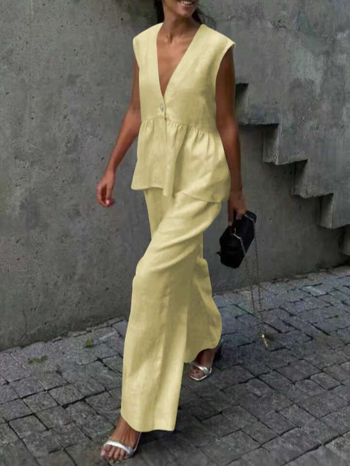 Conjunto De 2 Piezas Para Mujer Con Top Sin Mangas Y Pantalones De Cintura Elástica, Outfit Casual Y Elegante De Tela Ligera Y Transparente Para Eventos Nocturnos, Playa, Boda, Jardín, Calle | SHEIN