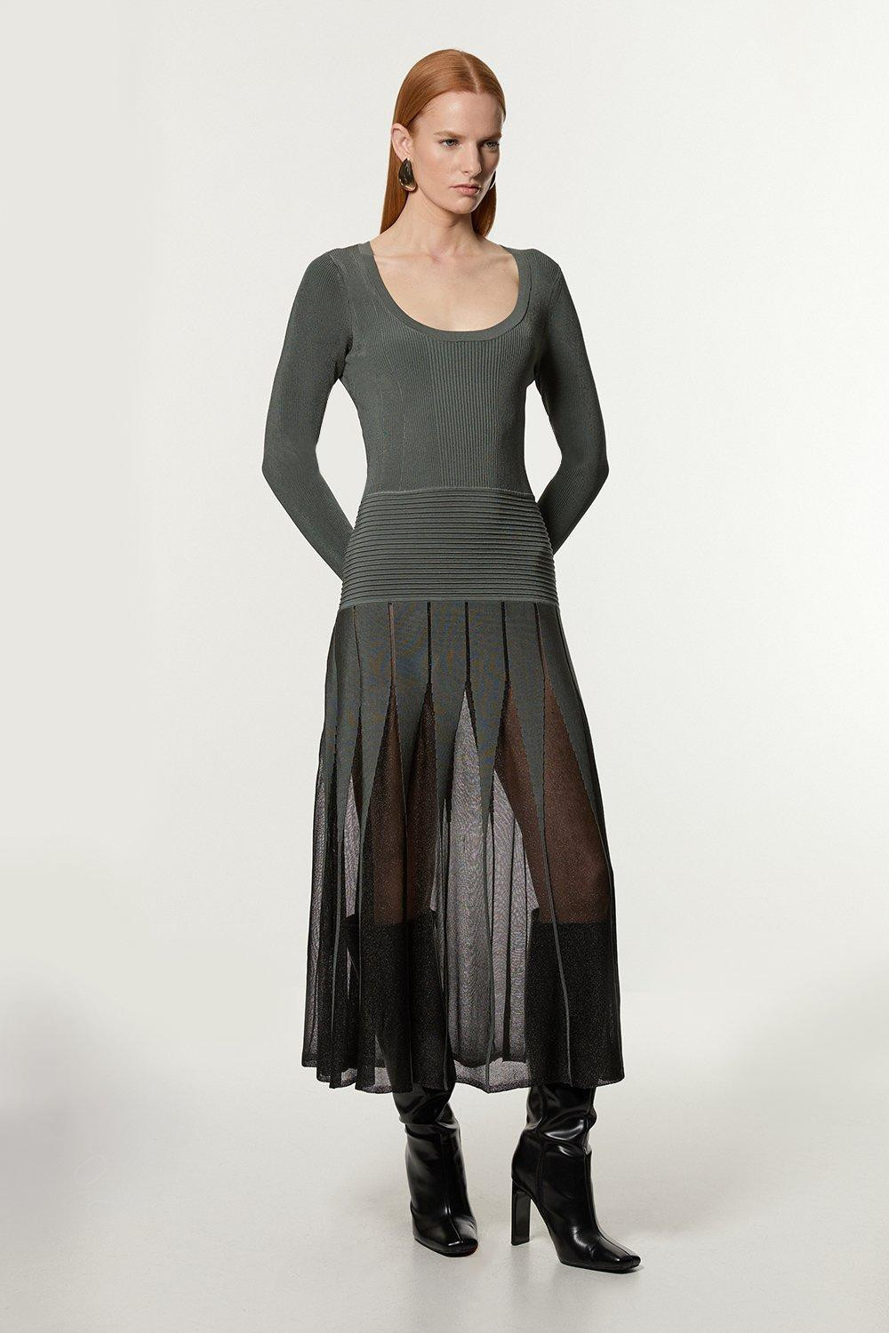 Slinky Knit Scooped Neck Sheer Detail Maxi Dress | Karen Millen UK + IE + DE + NL