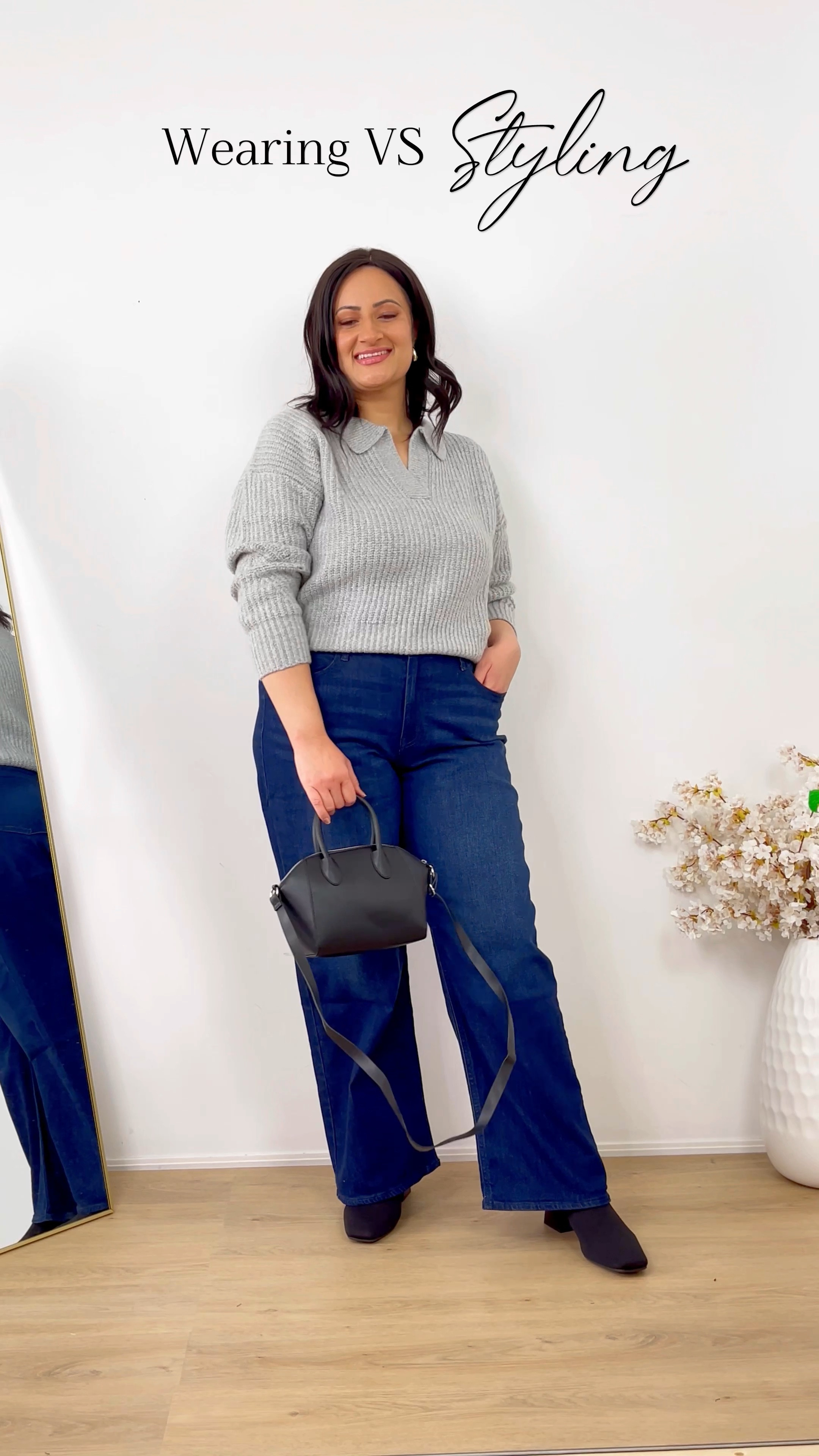 OldNavy fall casual Outfit. Wearing Vs styling, knit sweater with collars, wide leg high waisted jeans, rainproof boots 
Everyday fashion
Casual fashion 

#LTKVideo #LTKmidsize #LTKstyletip
